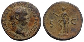 Titus (79-81). Æ As (28mm, 13.73g, 6h). Rome, 80-1. Laureate head r. R/ Spes standing l., holding flower and raising hem of skirt. RIC II 237. Brown p...