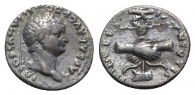 Domitian (Caesar, 69-81). AR Denarius (17.5mm, 2.12g, 5h). Rome, AD 79. Laureate head r. R/ Clasped r. hands holding aquila set on prow. RIC II 1081 (...