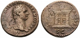 Domitian (Caesar, 69-81). Æ As (27mm, 11.12g, 7h). Rome, AD 85. Laureate bust r., weraing aegis. R/ Altar. RIC II 304. Riverine patina, Good VF