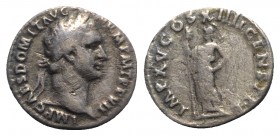 Domitian (81-96). AR Denarius (19mm, 2.97g, 6h). Rome, AD 88. Laureate head r. R/ Minerva standing l., holding thunderbolt and sceptre. RIC II 594; RS...