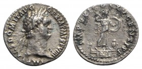 Domitian (81-96). AR Denarius (19mm, 3.04g, 6h). Rome, AD 92. Laureate head r. R/ Minerva standing r. on capital of rostral column, brandishing javeli...