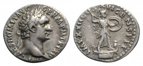 Domitian (81-96). AR Denarius (19mm, 3.36g, 6h). Rome, 93-4. Laureate head r. R/ Minerva standing l. on galley, wearing aegis, and brandishing spear a...