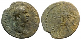 Domitian (81-96). Æ As (29mm, 9.84g, 6h). Rome, AD 85. Laureate bust r., wearing aegis. R/ Mars hastening l., holding Victory and trophy. RIC II 301B....