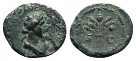 Domitian (81-96). Æ Quadrans (20mm, 2.52g, 6h). Rome, AD 85. Draped bust of Ceres r. R/ Bundle of three poppies and four corn ears. RIC II 317. Very R...
