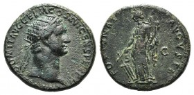 Domitian (81-96). Æ Dupondius (27mm, 13.07g, 5h). Rome, AD 92-4. Radiate head r. R/ Fortuna standing l., holding rudder and cornucopia. RIC II 753. Da...