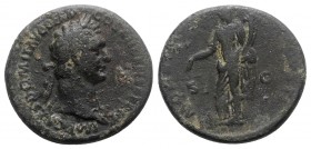 Domitian (81-96). Æ As (28mm, 12.52g, 6h). Rome, 95-6. Laureate bust r., wearing aegis. R/ Moneta standing l., holding scales and cornucopia. RIC II 8...