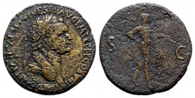Domitian (81-96). Æ Sestertius (33mm, 22.48g, 6h). Eastern mint (Thrace?), AD 82. Laureate head r. R/ Mars advancing r., holding trophy over shoulder ...