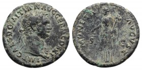 Domitian (81-96). Æ As (29mm, 11.79g, 6h). Rome, 92-4. Laureate head r. R/ Moneta standing l., holding scales and cornucopia. RIC II 756. Nice green p...