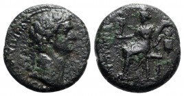 Domitian (81-96). Pamphylia, Side. Æ (28mm, 17.49g, 12h). Laureate head r. R/ City-goddess seated l., holding Nike and ship's stern; to r., vexillum a...