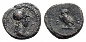 Anonymous, time of Domitian to Antoninus Pius, 81-161. Æ Quadrans (15mm, 2.90g, 1h). Rome. Helmeted bust of Minerva r. R/ Owl standing l. RIC II 7. VF...