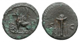 Anonymous, time of Domitian to Antoninus Pius. Æ Quadrans (14mm, 2.51g, 6h). Griffin standing l., forepaw on wheel. R/ Tripod. RIC II 218. Rare, green...