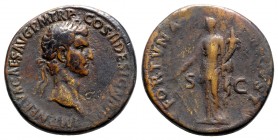 Nerva (96-98). Æ Sestertius (33.5mm, 24.46g, 6h). Rome, AD 96. Laureate head r. R/ Fortuna standing l., holding rudder set on ground and cornucopia. R...