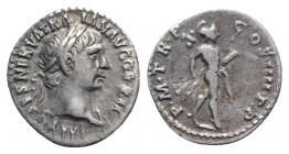 Trajan (98-117). AR Denarius (20mm, 2.78g, 6h). Rome, 101-2. Laureate head r. R/ Mars advancing r., carrying spear and trophy. RIC II 52; RSC 228. Nea...