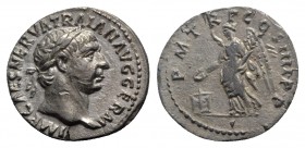Trajan (98-117). AR Denarius (19mm, 3.17g, 6h). Rome, 101-2. Laureate head r. R/ Victory standing l., sacrificing with patera over lighted and garland...