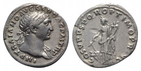 Trajan (98-117). AR Denarius (19mm, 3.29g, 6h). Rome, 107-8. Laureate bust r., slight drapery. R/ Fortuna standing l., holding rudder set on ground an...