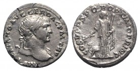 Trajan (98-117). AR Denarius (19mm, 3.44g, 6h). Rome, AD 110. Laureate bust r., slight drapery. R/ Arabia standing l., holding branch and bundle of ca...
