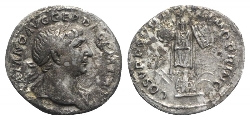 Trajan (98-117). AR Denarius (19mm, 2.91g, 6h). Rome, c. 107-108. Laureate bust ...