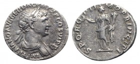 Trajan (98-117). AR Denarius (20mm, 2.94g, 6h). Rome, c. 112-5. Laureate and draped bust r. R/ Felicitas standing l., holding caduceus and cornucopia....
