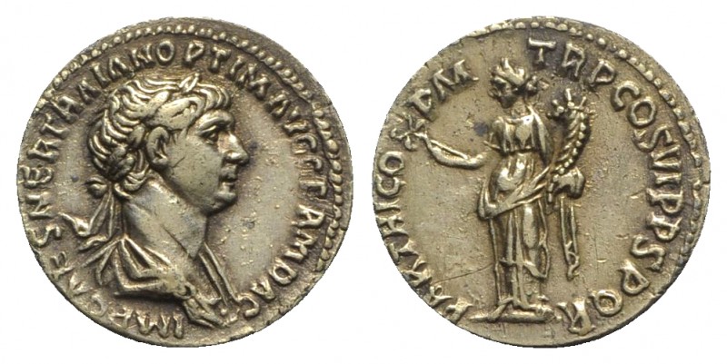 Trajan (98-117). AR Denarius (18mm, 3.31g, 6h). Rome, c. 116-7. Laureate and dra...