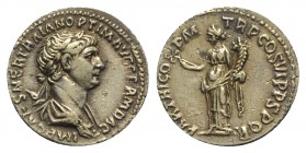 Trajan (98-117). AR Denarius (18mm, 3.31g, 6h). Rome, c. 116-7. Laureate and draped bust r. R/ Felicitas standing l., holding caduceus and cornucopia....