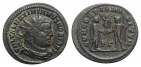 Galerius (305-311). Æ Radiate (23mm, 3.21g, 6h). Cyzicus, 295-9. Radiate and draped bust r. R/ Prince standing r. in military dress, receiving small V...