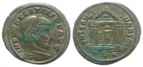 Maxentius (307-312). Æ Follis (28mm, 8.82g, 12h). Rome, 308-310. Laureate head r. R/ Roma seated within hexastyle temple; wreath in pediment; RBQ. RIC...