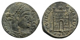 Constantine I (307-337). Æ Follis (19mm, 2.96g, 12h). Treveri, AD 326. Laureate head r. R/ Two-towered camp gate, star above; STR[…]. Cf. RIC VII 475....