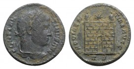 Constantine I (307/310-337). Æ Follis (18.5mm, 3.11g, 12h). Rome, 324-5. Laureate head r. R/ Camp-gate with two turrets, star above; RS. RIC VII 264. ...