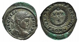 Crispus (Caesar, 316-326). Æ Follis (21mm, 2.82g, 6h). Londinium, 323-4. Laureate bust r. R/ VOT / • / X in three lines; all within laurel wreath; PLO...