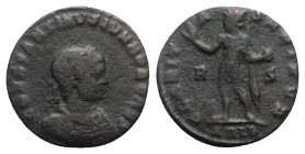 Constantine II (Caesar, 316-337). Æ Follis (18mm, 2.53g, 6h). Arelate, 316-7. Laureate, draped and cuirassed bust r. R/ Sol standing l., raising hand ...