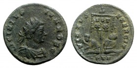 Licinius II (Caesar, 317-324). Æ Follis (19mm, 3.25g, 12h). Treveri, AD 320. Radiate, draped and cuirassed bust r. R/ Vexillum inscribed VOT/ XX betwe...