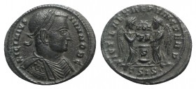 Licinius II (Caesar, 317-324). Æ Follis (20mm, 2.67g, 12h). Siscia, AD 319. Laureate, draped and cuirassed bust r. R/ Two Victories holding shield, in...