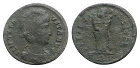 Fausta (Augusta, 324-326). Æ Follis (19mm, 2.23g, 6h). Rome, AD 326. Draped bust r. R/ Spes standing facing, head l., cradling two infants in her arms...