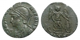 Commemorative series, c. 330-354. Æ (15mm, 1.49g, 12h). Rome, c. 333-5. Helmeted and mantled bust of Constantinople l., holding sceptre. R/ Victory st...