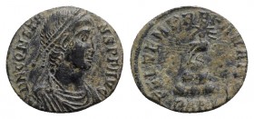 Constans (337-350). Æ (17mm, 2.12g, 12h). Arelate, 348-50. Pearl-diademed, draped and cuirassed bust r. R/ Phoenix standing r. on rocks, holding wreat...
