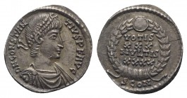 Constantius II (337-361). AR Siliqua (18mm, 2.02g, 12h). Arelate, 353-5. Pearl-diademed, draped and cuirassed bust r. R/ VOTIS/XXX/MVLTIS/XXXX in four...