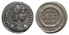 Constantius II (337-361). AR Siliqua (19mm, 2.25g, 12h). Sirmium, 351-5. Pearl-diademed, draped and cuirassed bust r. R/ VOTIS/XXX/MVLTIS/XXXX in four...
