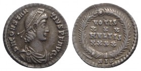 Constantius II (337-361). AR Siliqua (19mm, 2.08g, 12h). Siscia, 355-361. Pearl-diademed, draped and cuirassed bust r. R/ VOTIS/XXX/MVLTIS/XXXX in fou...