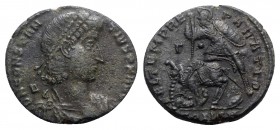 Constantius II (337-361). Æ (22mm, 4.87g, 12h). Constantinople, 351-5. Pearl-diademed, draped and cuirassed bust r.; Δ behind. R/ Soldier standing l.,...