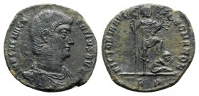 Magnentius (350-353). Æ Centenionalis (25mm, 4.85g, 12h). Rome, AD 350. Bareheaded, draped and cuirassed bust r. R/ Magnentius standing r., with foot ...