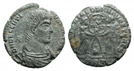 Decentius (Caesar, 350/1-353). Æ Centenionalis (21mm, 4.66g, 11h). Aquileia. Bare-headed and cuirassed bust r.; A behind. R/ Two Victories standing vi...