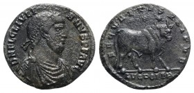 Julian II (360-363). Æ (27mm, 8.21g, 12h). Lugdunum, 360-3. Diademed, draped and cuirassed bust r. R/ Bull standing r., two stars above; LVGDOFFP. RIC...
