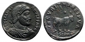 Julian II (360-363). Æ (29mm, 8.38g, 12h). Sirmium, 361-3. Pearl-diademed, draped and cuirassed bust r. R/ Bull standing r.; two stars above; […]SIRM-...