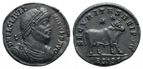 Julian II (360-363). Æ (29mm, 8.67g, 6h). Siscia, 361-3. Pearl-diademed, draped and cuirassed bust r. R/ Bull standing r.; two stars above; palm-BSISC...