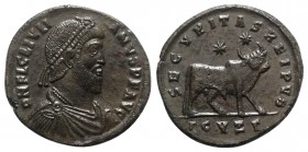 Julian II (360-363). Æ (28.5mm, 8.48g, 6h). Cyzicus. Pearl-diademed, draped and cuirassed bust r. R/ Bull standing r., two stars above; ΓCYZΓ in exerg...