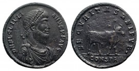 Julian II (360-363). Æ (28mm, 8.06g, 12h). Constantinople, 361-3. Pearl-diademed, draped and cuirassed bust r. R/ Bull standing r., two stars above; p...
