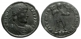 Jovian (363-364). Æ (28mm, 8.31g, 6h). Thessalonica. Rosette-diademed, draped and cuirassed bust r. R/ Jovian standing facing, head r., holding labaru...