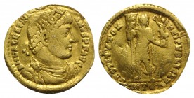 Valentinian I (364-375). AV Solidus (21mm, 4.05g, 6h). Antioch, AD 365. Pearl and rosette diademed, draped and cuirassed bust r. R/ Valentinian standi...