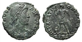 Procopius (Usurper, 365-366). Æ (16mm, 1.99g, 12h). Constantinople. Pearl-diademed and cuirassed bust r. R/ Procopius standing facing, head r., holdin...