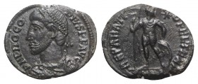 Procopius (Usurper, 365-366). Æ (20mm, 2.12g, 6h). Constantinople(?). Pearl-diademed and cuirassed bust r. R/ Procopius standing facing, head r., hold...